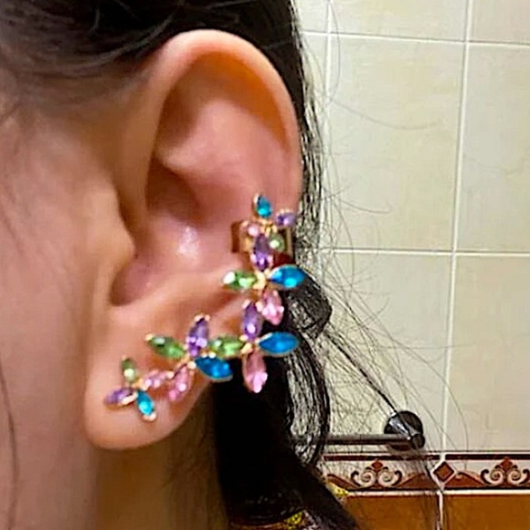 Gold Multicolor Flower Ear Cuff Climber Earring - Picture 5 of 6